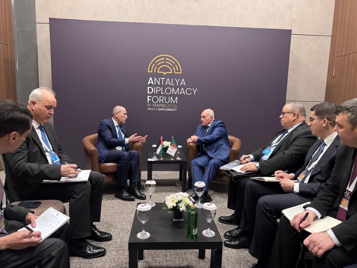 Formal meeting of diplomats seated in a half-circle in a conference room at the Antalya Diplomacy Forum, with small flags on a central table and notes in hand.