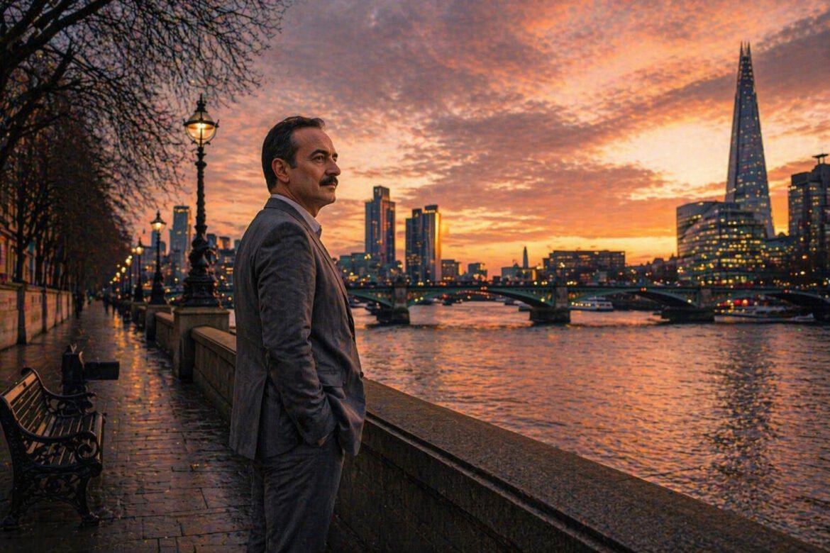 Man in a gray suit stands along a riverside promenade at sunset, with a glowing city skyline and a bridge across the river behind him.