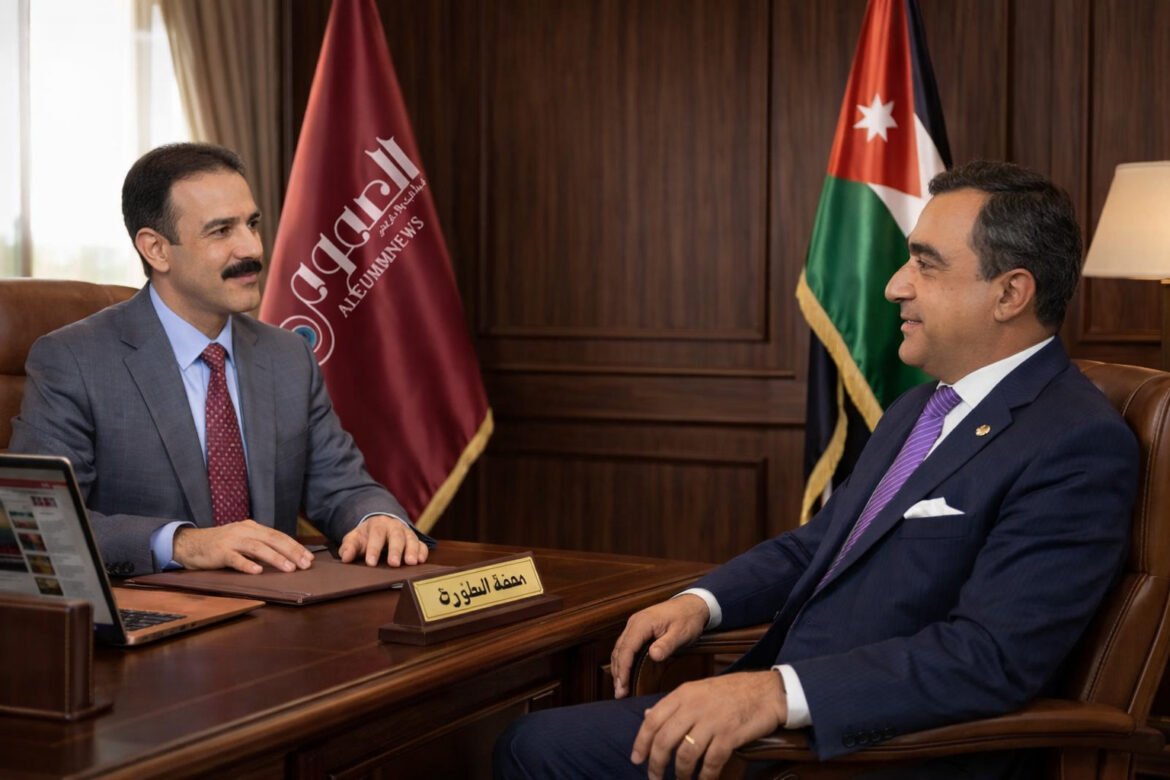Two men in suits meet across a wooden desk in a formal office; a laptop sits to the left and flags are in the background.