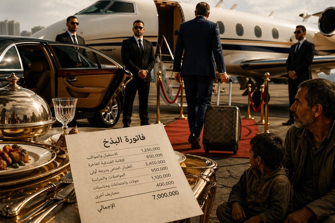 Private jet on a tarmac with a red carpet, suited guards, a man with a rolling suitcase, and a gold-detailed table with Arabic invoice text in the foreground.