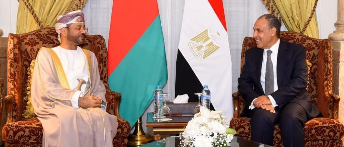 Omani and Egyptian officials in a formal meeting, seated in ornate chairs with flags (Oman and Egypt) behind them.
