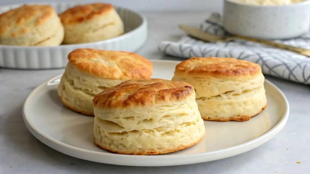 Three golden, flaky scones arranged on a white plate with more scones in a baking dish in the background