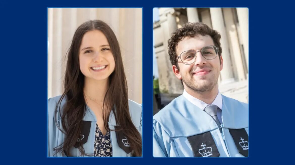 Two graduates in light-blue gowns and black stoles smile for portraits, placed side by side on a blue background.