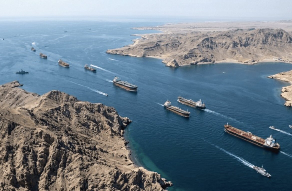 Aerial view of a busy waterway with multiple cargo ships sailing in a convoy along rugged desert cliffs.