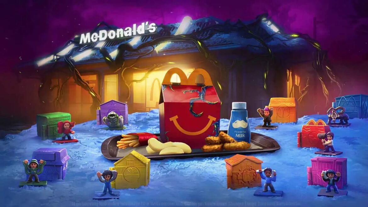 Wintery promotional scene with a glowing McDonald's in the background, a red Happy Meal box on a tray, and colorful toy figures on blue snow.