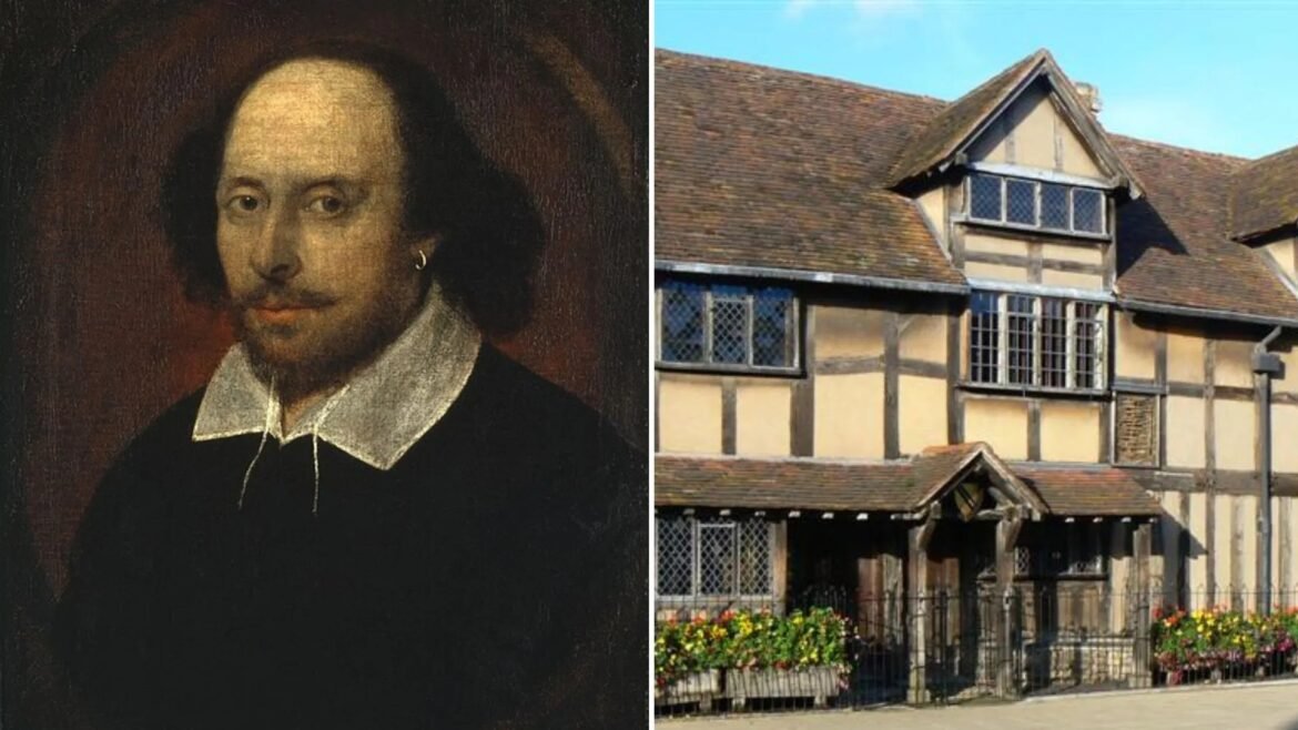 Left: a 17th-century portrait of a man with a white collar; right: a timber-framed Tudor-style house with flower boxes under a blue sky (two-panel image).