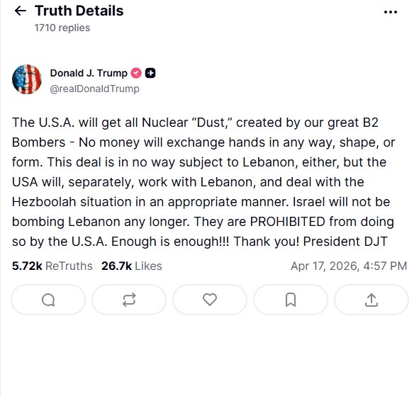 Screenshot of a Social Media Post Discussing Us Nuclear Policy and Lebanon with Like and Reply Counts Visible Dated Apr 17 2026  Aleumumnews 