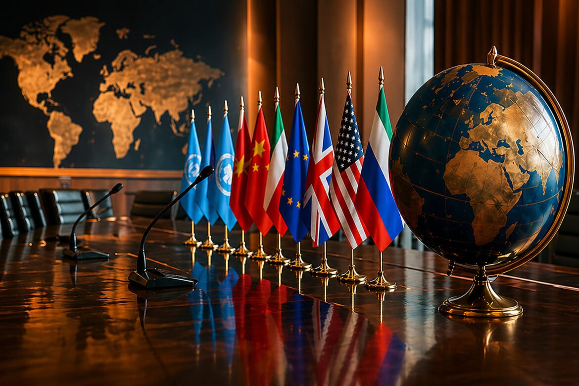 Row of national flags on gold stands lined up along a polished conference table, with a globe to the right and microphones in the foreground.