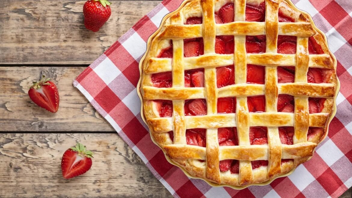 Top view of a golden strawberry lattice pie on a rustic wooden table with a red-and-white checkered cloth nearby.