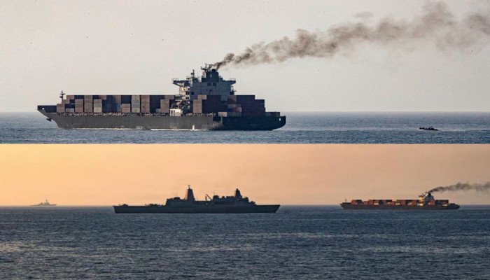 Two ships at sea shown in two panels: a large container vessel with smoke on the horizon, and a military ship escorted by tugboats near sunset.