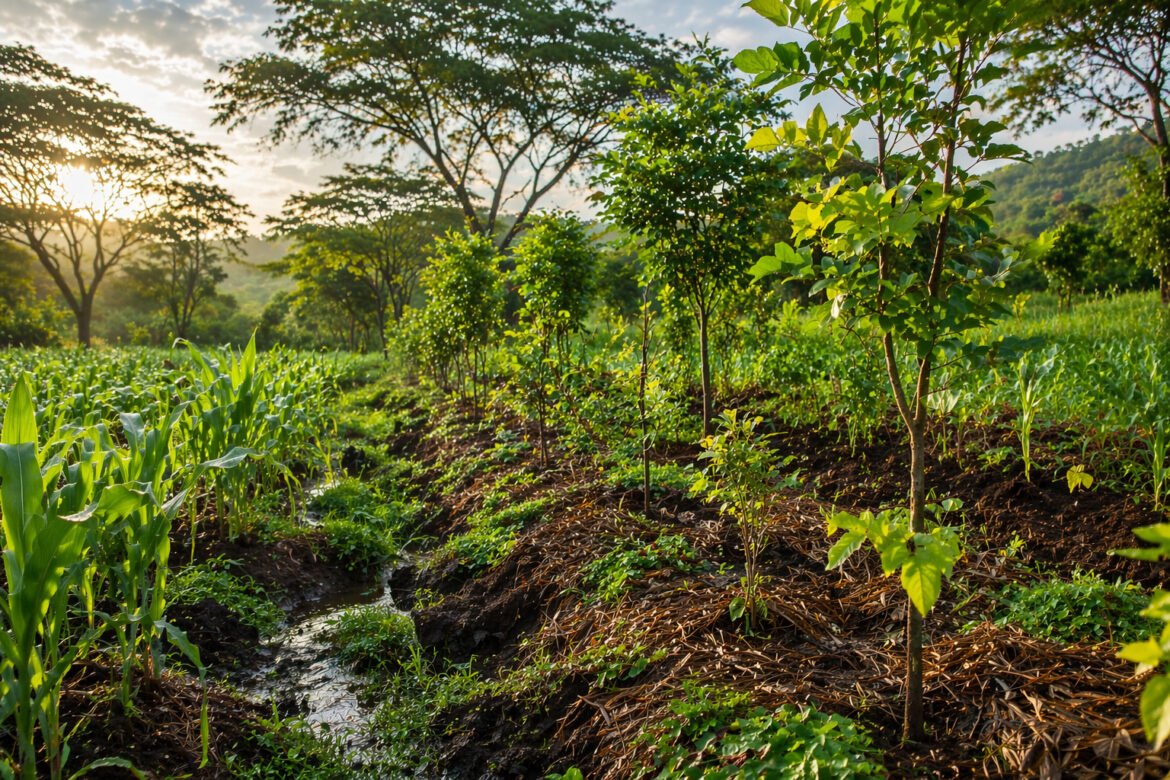 Sunlit farm with young corn rows on the left and small fruit trees along a muddy stream in a green valley.