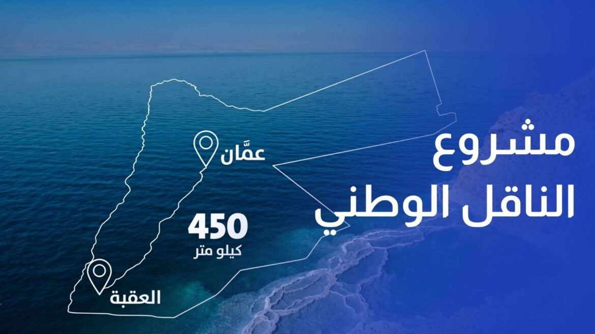 Outline map of Jordan on a blue overlay showing a route with pins at عمان and العقبة, and a 450 كيلو متر label for distance.