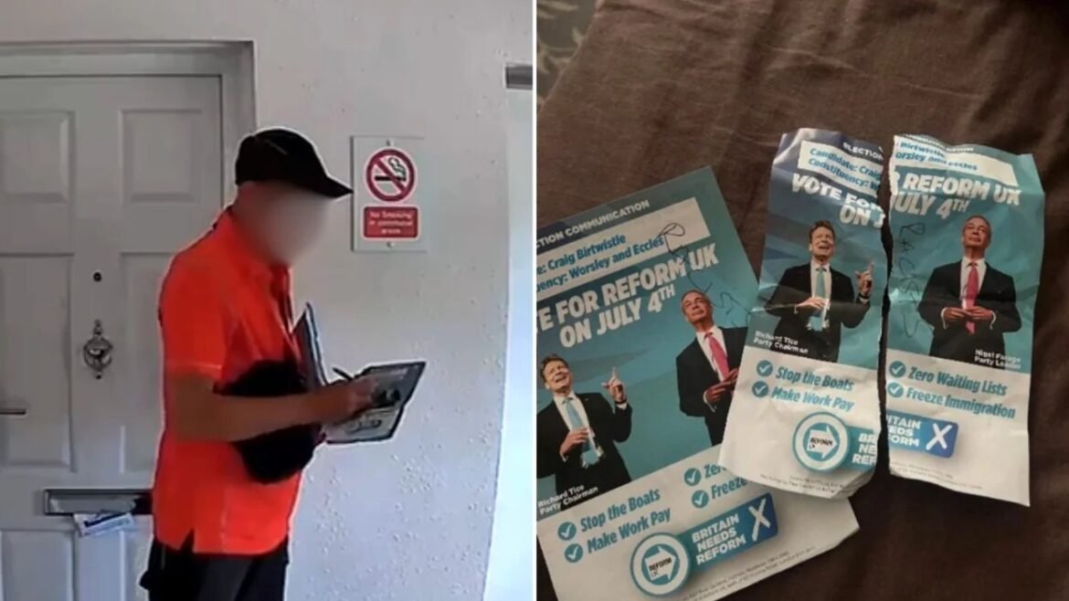 Split image: left side shows a person in a bright orange shirt at a door, holding papers; right side shows several Reform UK campaign pamphlets with images of two men and slogans like 'Stop the Boats' and 'Make Work Pay'.