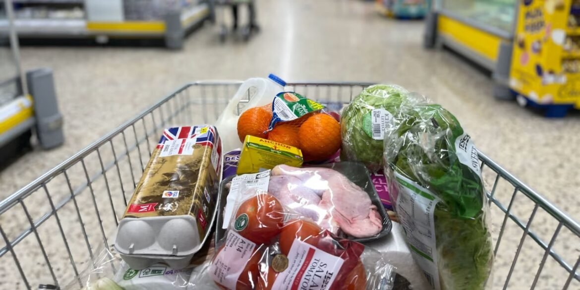 Shopping cart filled with groceries: eggs, bread, oranges, lettuce, tomatoes, meat tray, and bags in a supermarket aisle view behind.