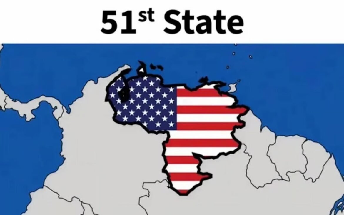 Map of Venezuela outlined in black filled with the US flag pattern, with the caption '51st State' at the top.