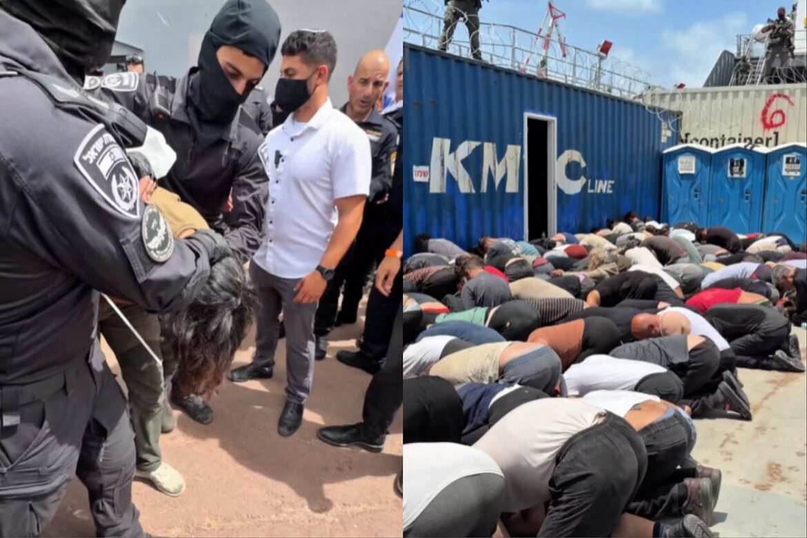 Two-panel scene: left shows armed security officers detaining a man; right shows a large group bowing in prayer on a ship deck beside blue containers.