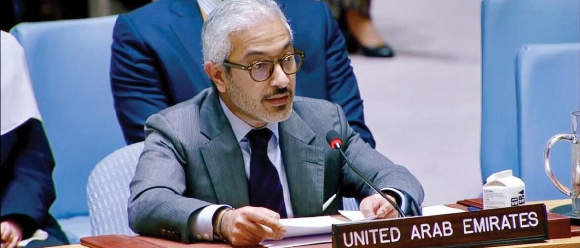 Diplomatic official in a gray suit and glasses speaking into a microphone at a United Nations meeting; nameplate says United Arab Emirates.