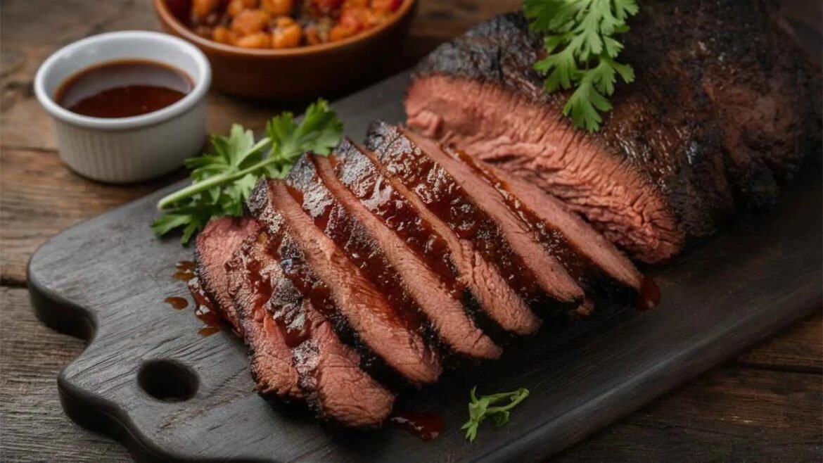Sliced smoked beef brisket on a dark cutting board with a small bowl of barbecue sauce and parsley garnish.