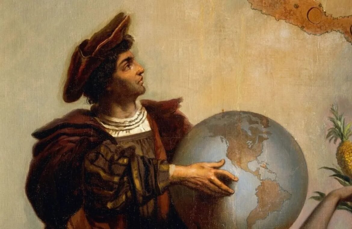 Historic painting of a man in burgundy robes touching a globe, with the Americas visible, and a pineapple to the right.