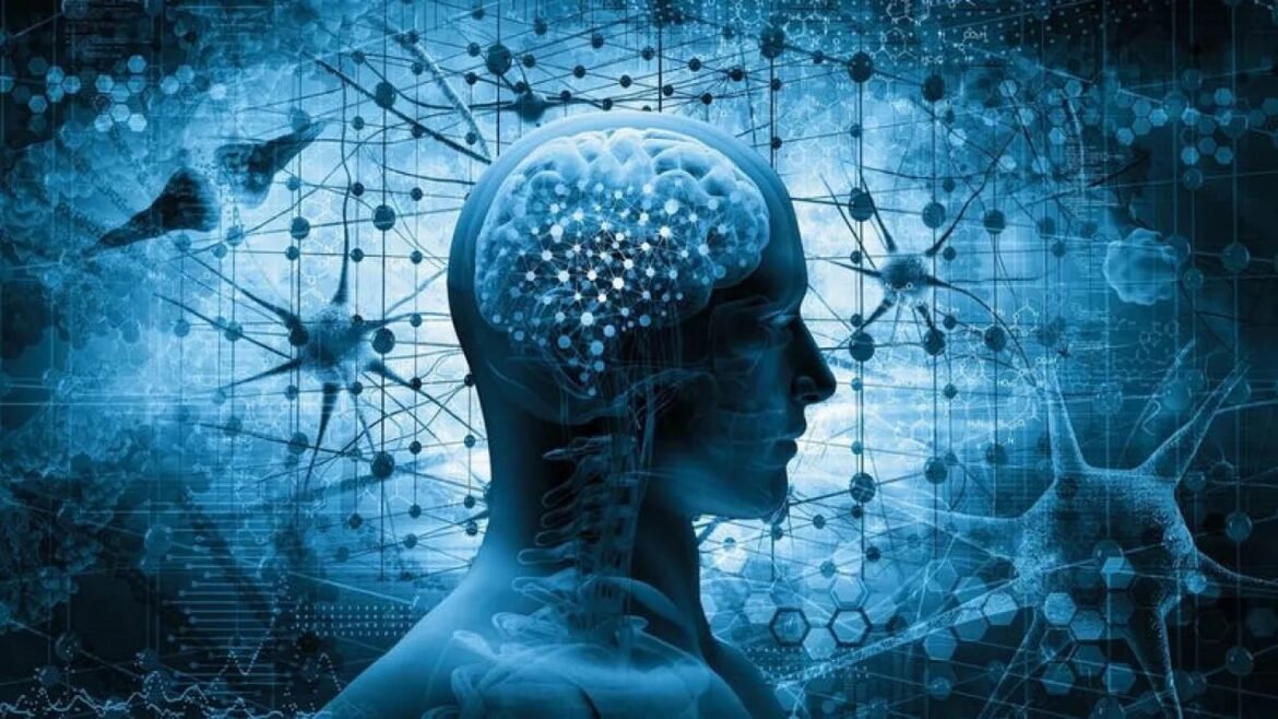 Side profile of a human head with a glowing brain and interconnected neural network graphics, symbolizing AI and neuroscience.