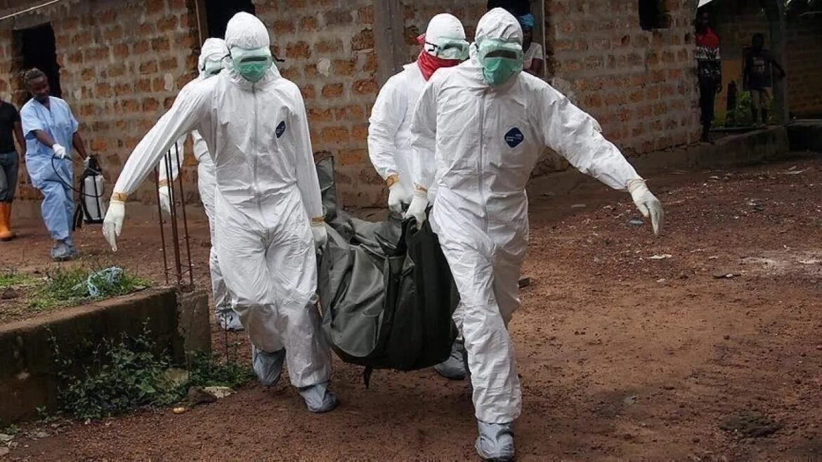 Medical responders in full hazmat suits carry a body bag outdoors, likely during an outbreak or disaster cleanup.