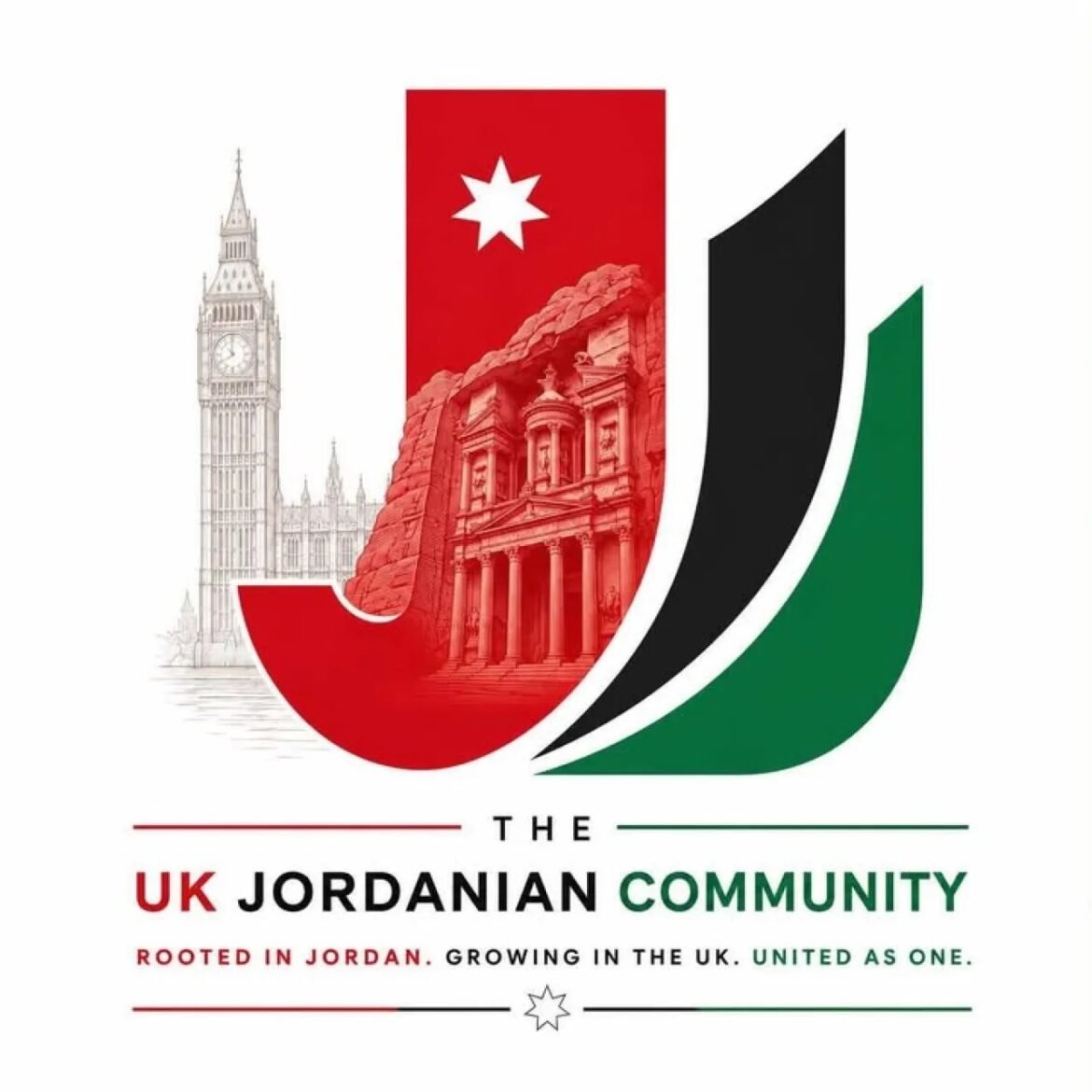 UK Jordanian Community logo with red, black, and green stylized shapes, showing Big Ben and Petra, and the text 'The UK Jordanian Community'.