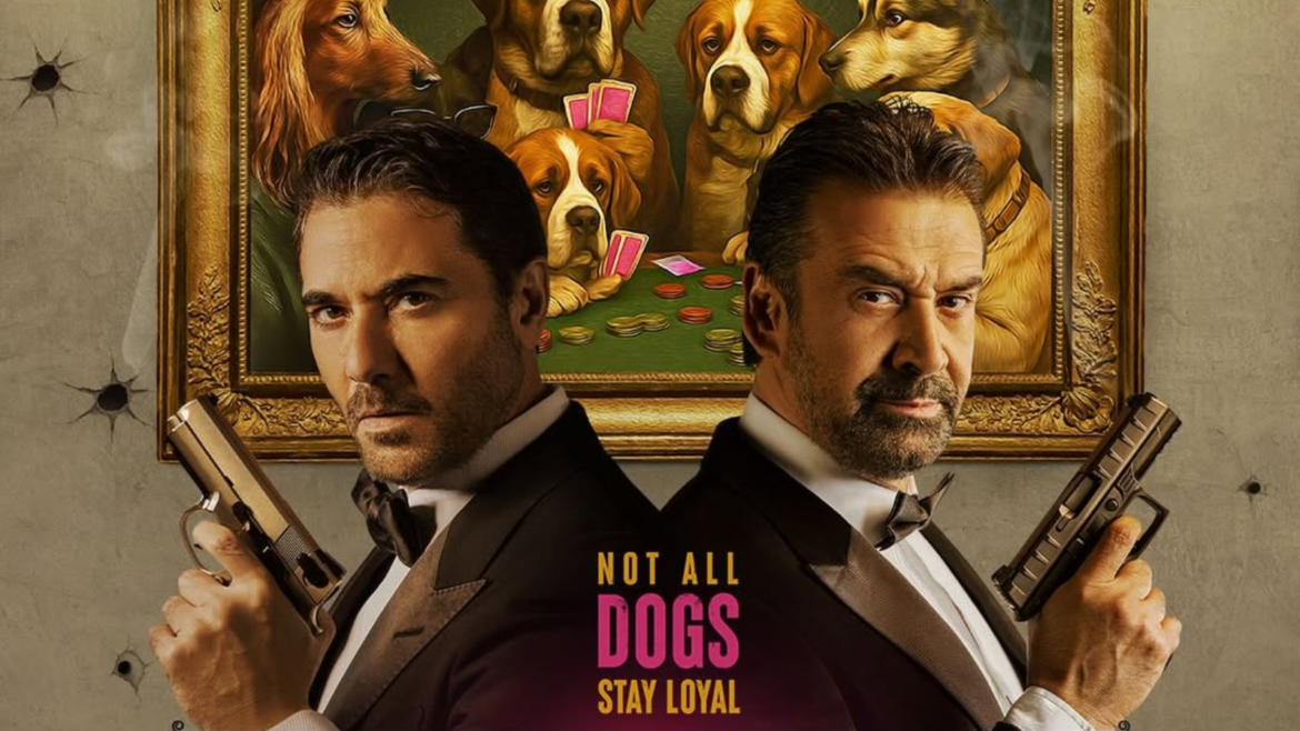 Two men in tuxedos back-to-back, each holding a handgun, with a framed dog-painting behind them; poster for Not All Dogs Stay Loyal.