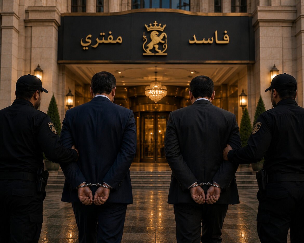 Two men in suits with hands cuffed are escorted by security guards toward a grand entrance of a luxurious building.