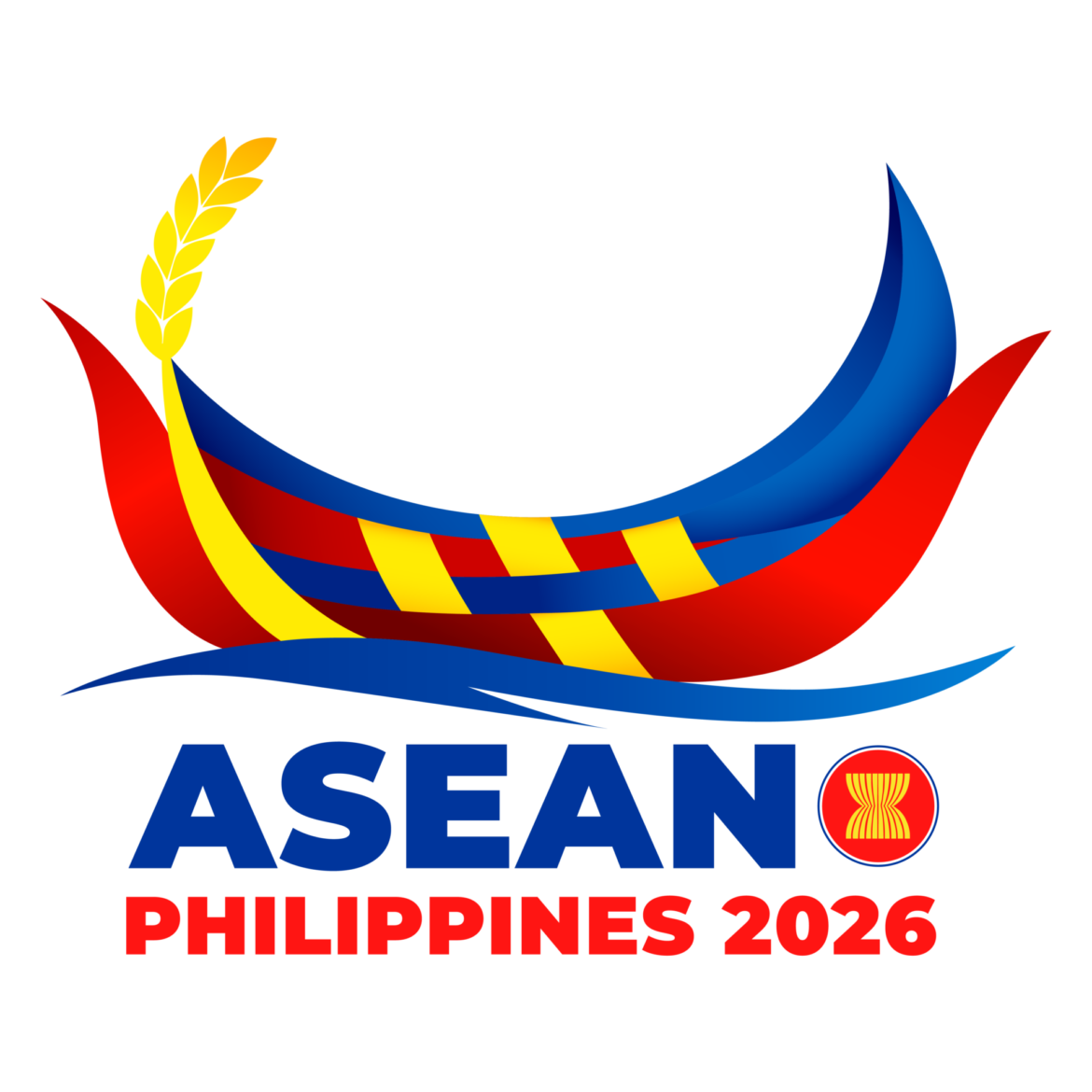 ASEAN Philippines 2026 branding with colorful curved ribbons and a yellow rice stalk emblem on black background