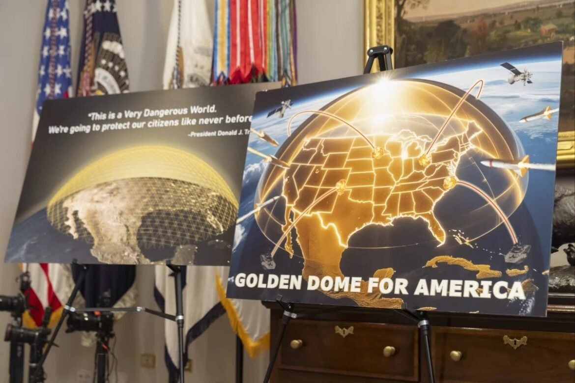 Left poster shows a quote, 'This is a Very Dangerous World. We’re going to protect our citizens like never before,' over a golden geodesic-dome image. Right poster features a glowing globe with orbiting satellites, airplanes, and the bold title 'GOLDEN DOME FOR AMERICA.'