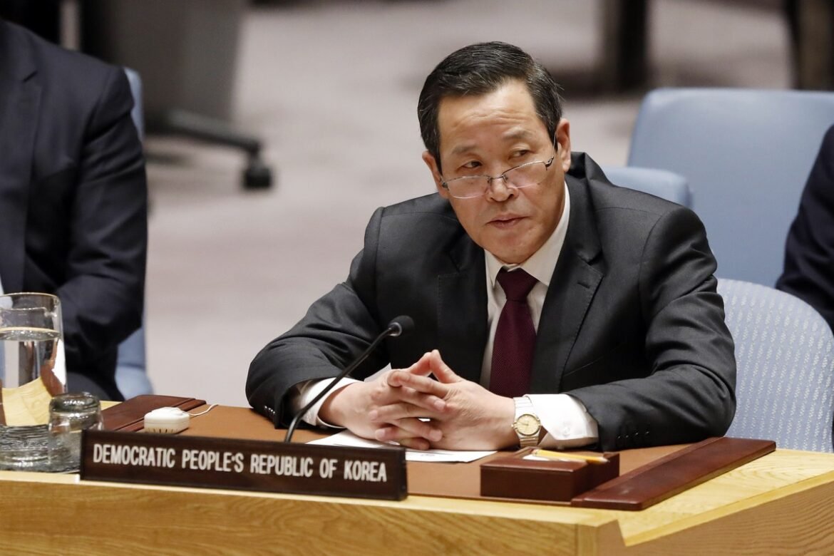 Man in a dark suit and red tie sits at a conference table with a microphone, in front of a sign that reads Democratic People's Republic of Korea.