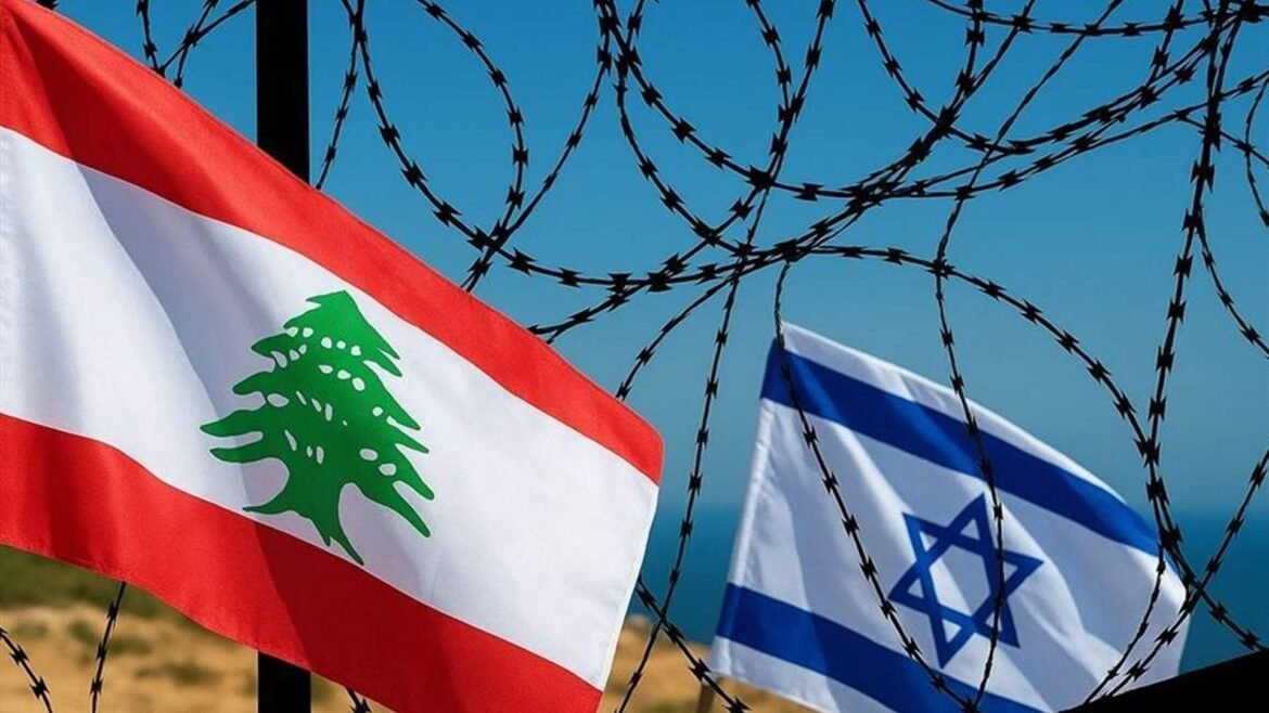 Lebanese and Israeli flags behind barbed wire, symbolizing conflict or tension between the countries.