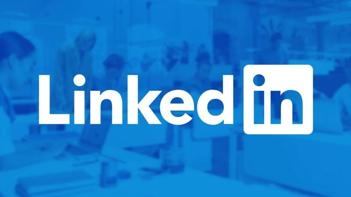 LinkedIn logo in white on a blue office background.