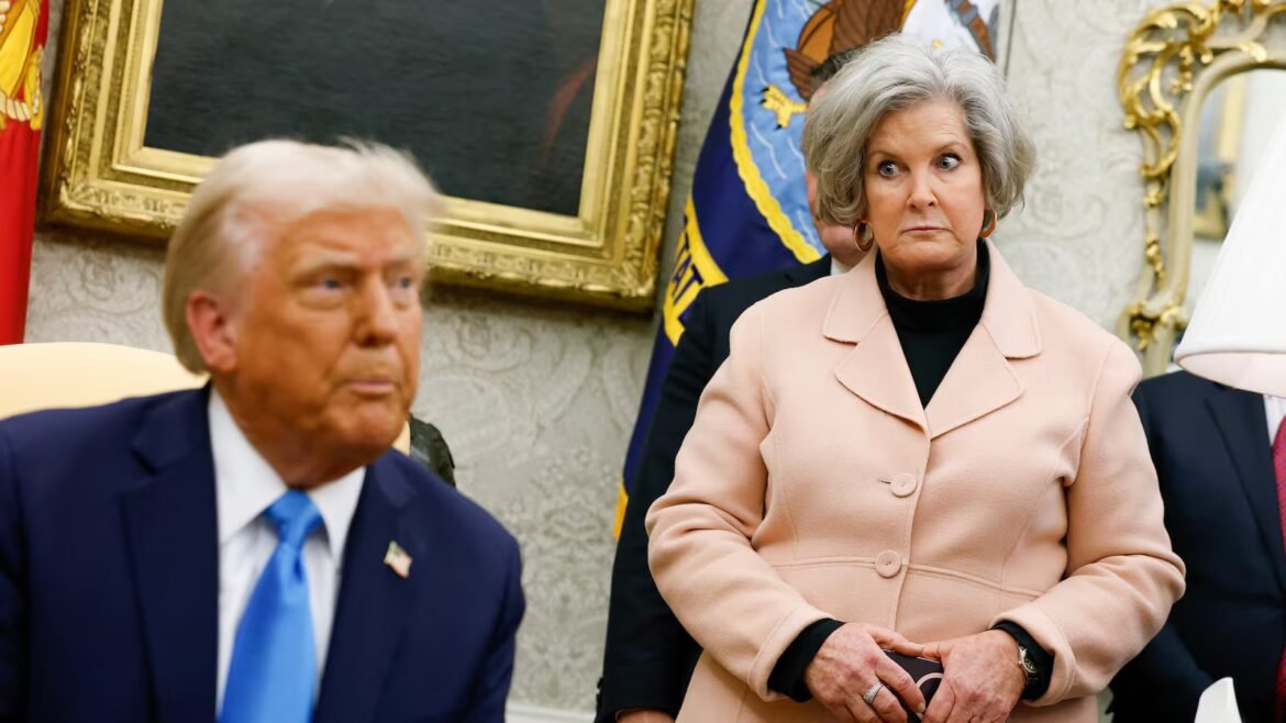 A man in a navy suit and blue tie sits left; a woman in a pale pink coat stands right in a formal, ornately decorated room.