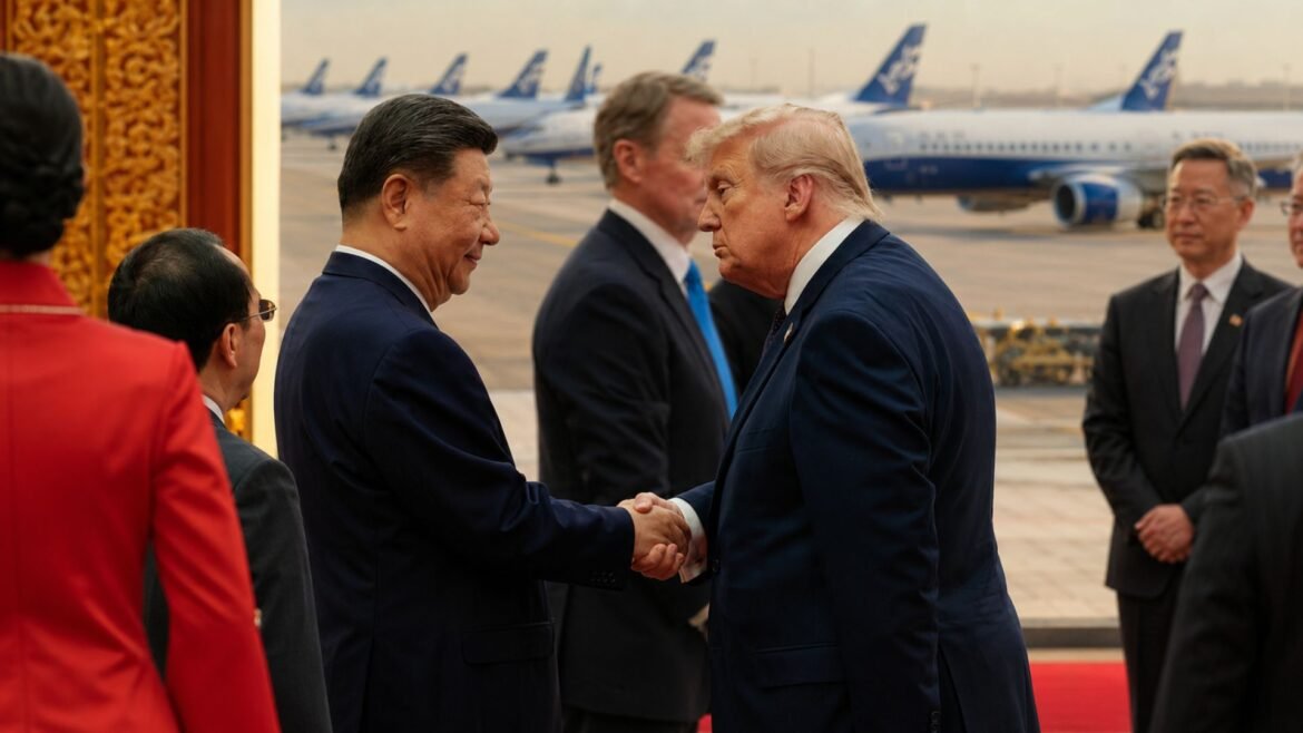 Two men in suits shake hands at an airport, with a line of airplanes in the background and others nearby.