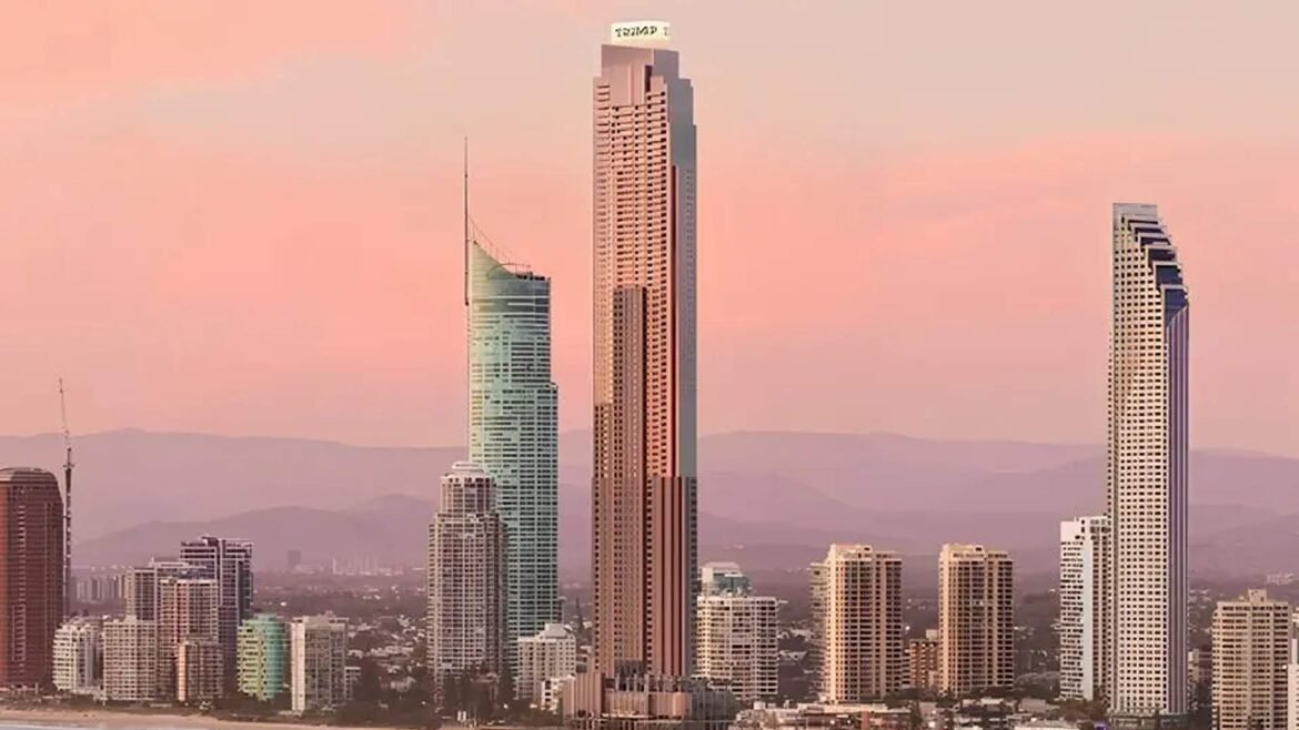Panoramic city skyline with tall skyscrapers at sunset over a desert landscape