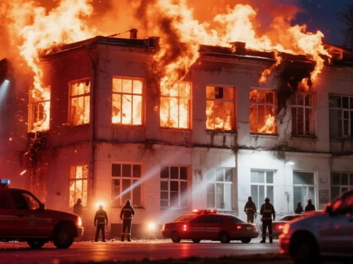 Two-story building fully on fire at night with flames bursting from windows; firefighters and emergency vehicles on scene.