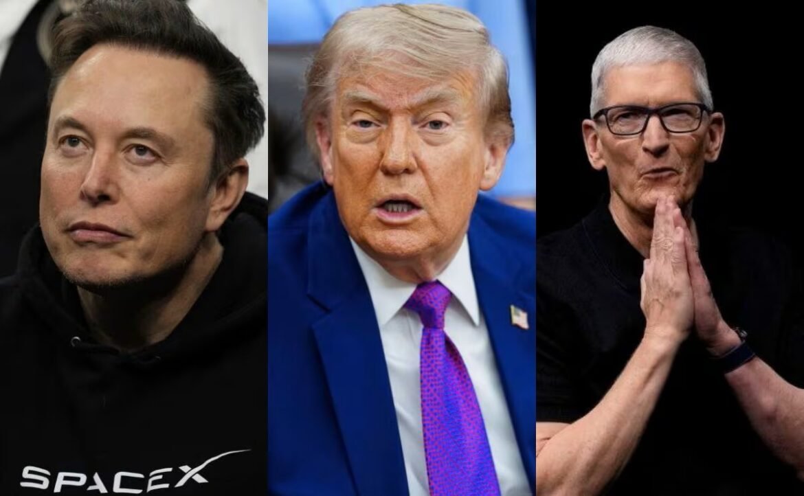Three men placed side by side: left in a black hoodie with a SpaceX logo, middle in a blue suit and purple tie, right in black shirt with hands pressed together while wearing glasses.