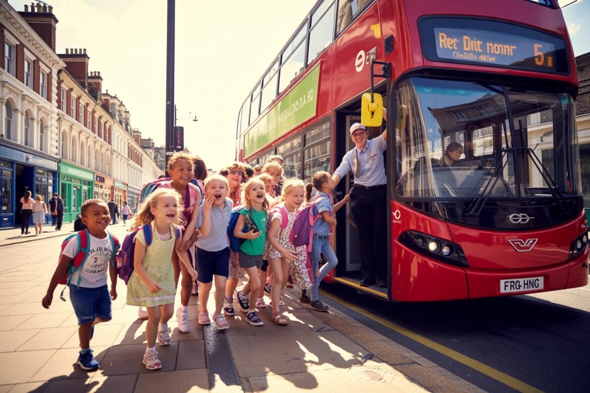 Group of smiling children with backpacks stepping onto a red double-decker bus on a sunny city street, guided by a bus driver at the door.