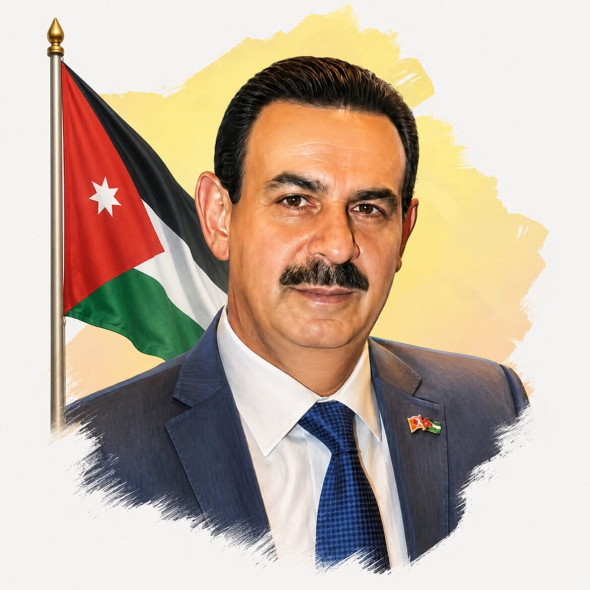 Portrait of a middle-aged man in a navy suit and blue tie, with a Jordanian flag behind him.