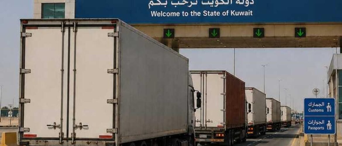 Line of cargo trucks at Kuwait border checkpoint under a sign saying 'Welcome to the State of Kuwait' (Arabic text above)