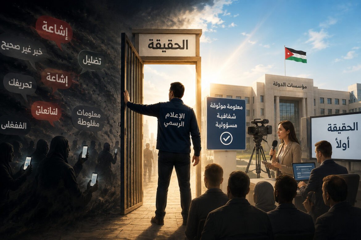A man in a suit opens a gate labeled 'The Truth' as sunlight flows in, revealing a courthouse-like government building with a Jordan flag and a press briefing happening to the right.