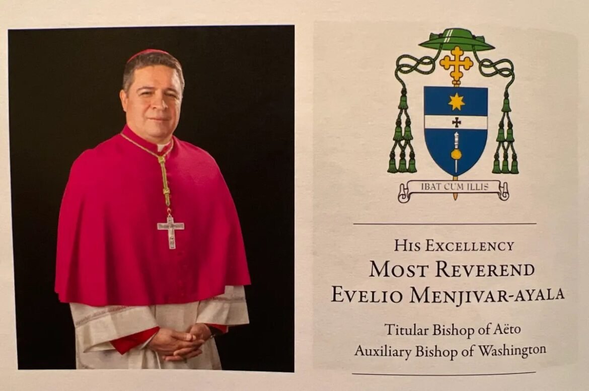 Portrait of His Excellency Most Reverend Evelio Menjivar-ayala, Titular Bishop of Aëto and Auxiliary Bishop of Washington, in magenta vestments beside a crest and title text.