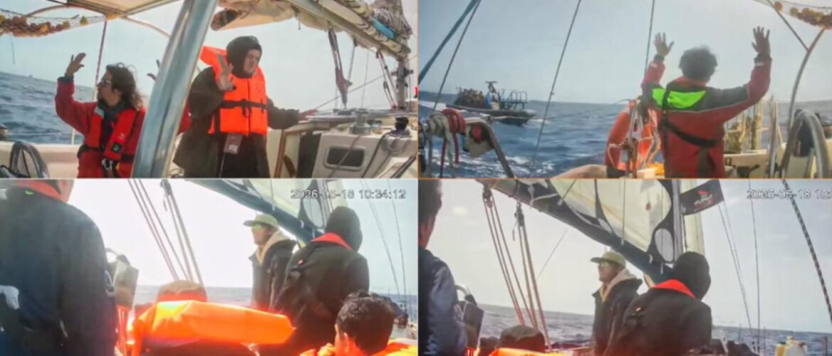 Group of people in orange life jackets on a sailboat, waving and sailing at the open sea.