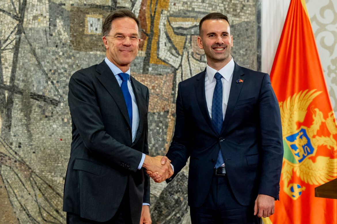 Two men in dark suits shake hands at a formal event, with a mosaic backdrop and an orange flag beside them.