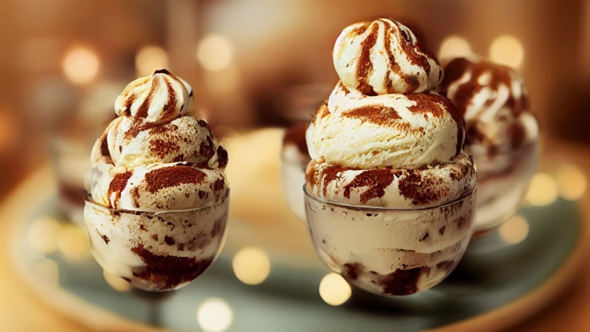 Three glass dessert cups stacked with vanilla ice cream, chocolate drizzle, and cocoa dusting, against a warm, blurred background.