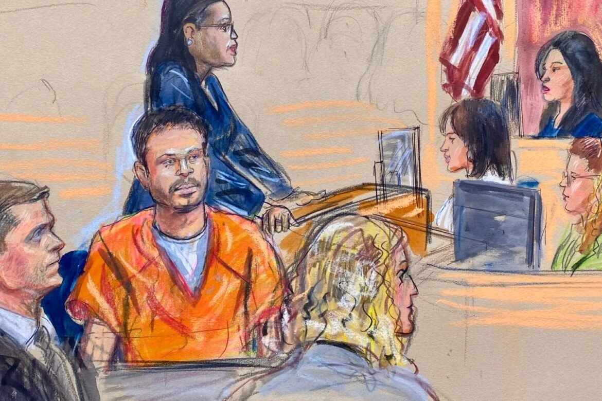Courtroom sketch of a man in an orange jumpsuit seated at a defendant's table, with spectators and court staff in the background.
