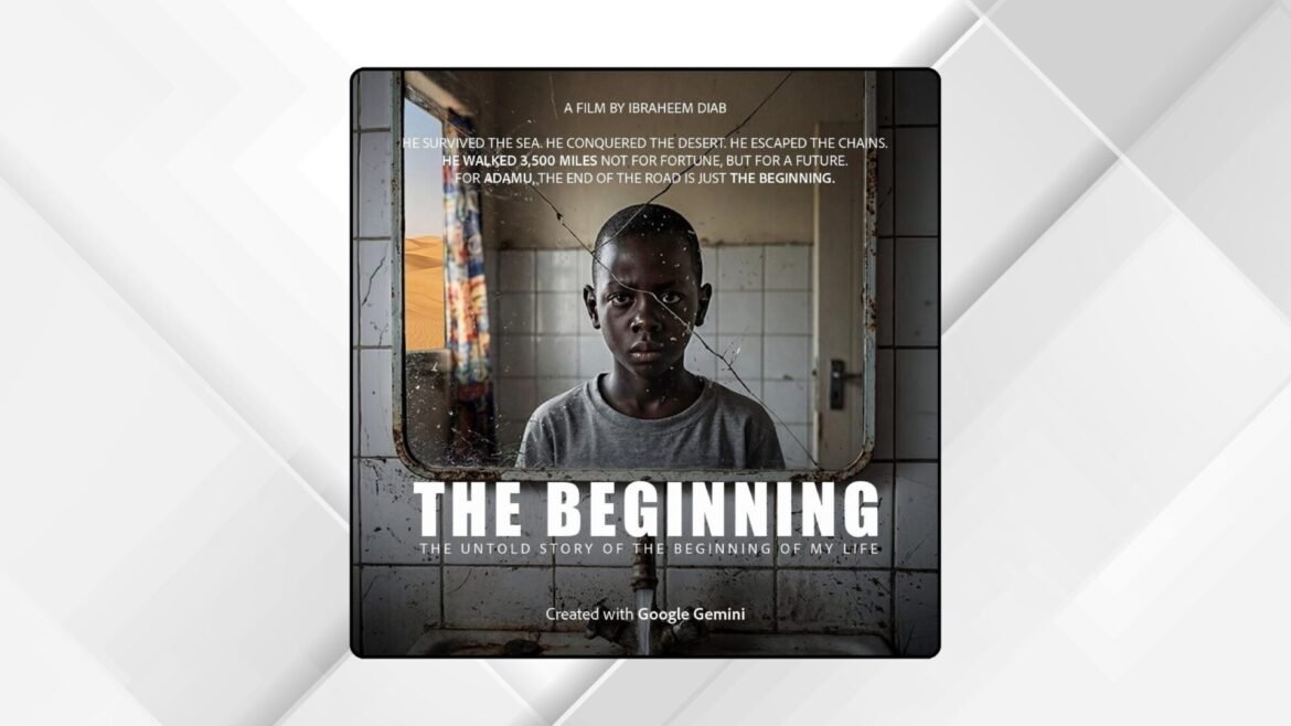 Poster for a film titled The Beginning, showing a serious-looking boy behind a cracked window in a dilapidated room with a gritty, documentary vibe.
