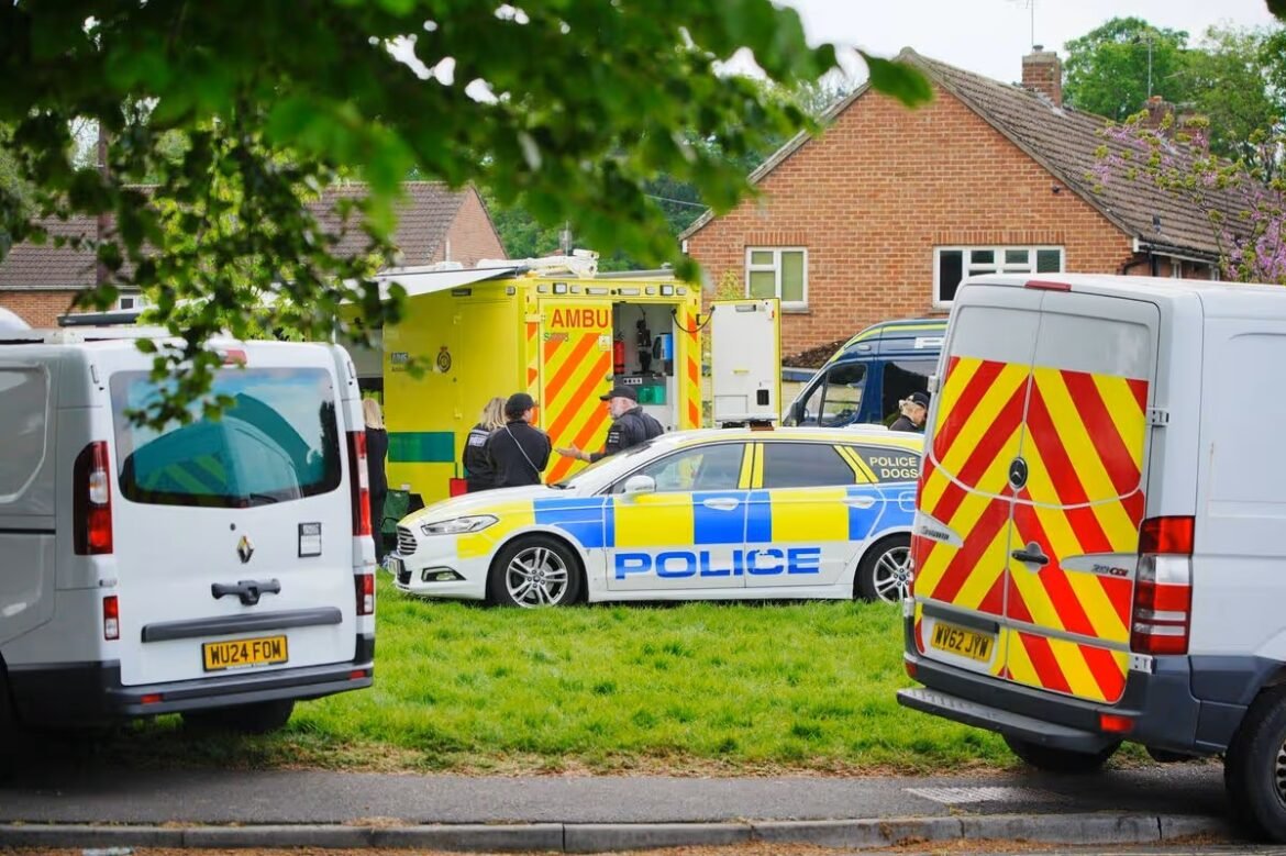 Emergency vehicles (police car, ambulance, and vans) parked on a grassy verge in a residential street with responders nearby to a scene point of interest in the neighborhood