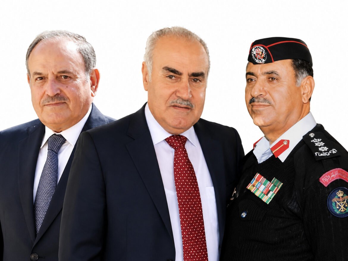 Three men in formal attire posing together: a civilian in a dark suit and red tie in the center, flanked by another man in a suit on the left and a uniformed officer on the right.